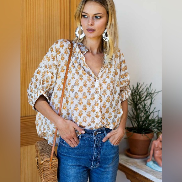 Emerson Fry Tops - Emerson Fry Mandarin Collar Little Marigolds Top